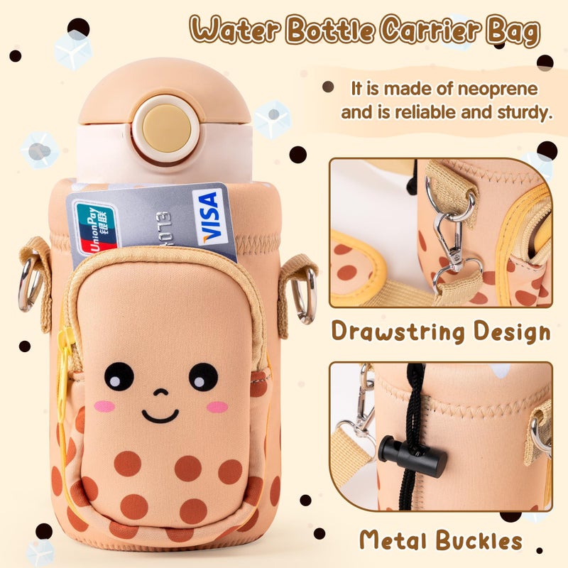 2ooya Bubble Tea Water Bottle Carrier Bag with Strap for Kids - Cute khaki Neoprene Insulated Water Bottle Bag Holder with Padded Strap Pocket 10/12/14/16/18Oz for Boys Girls School Walking Hiking Camping - Image 3